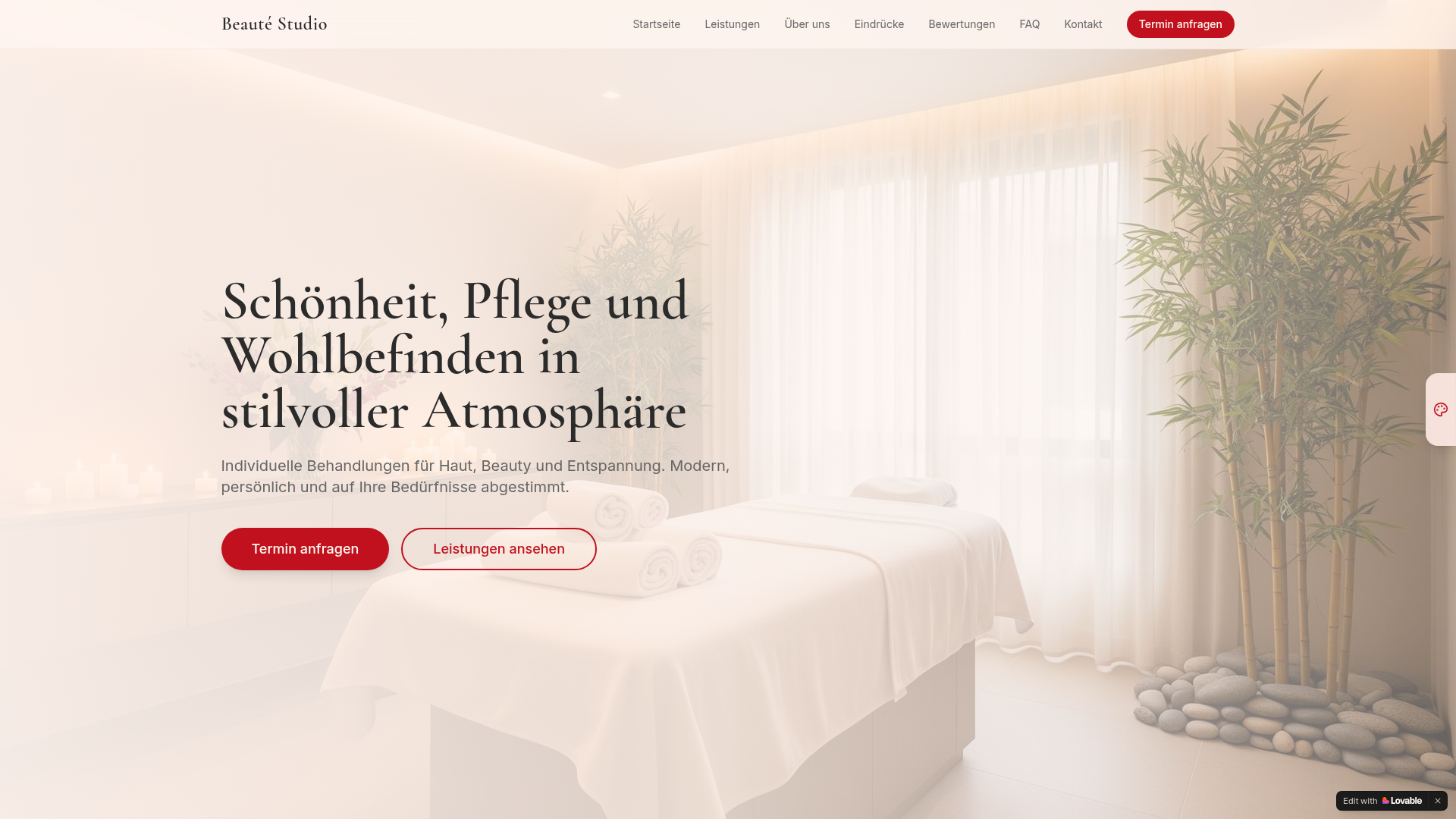 Vorschau einer stilvollen Kosmetikstudio Webseite mit Behandlungen und Terminbuchung