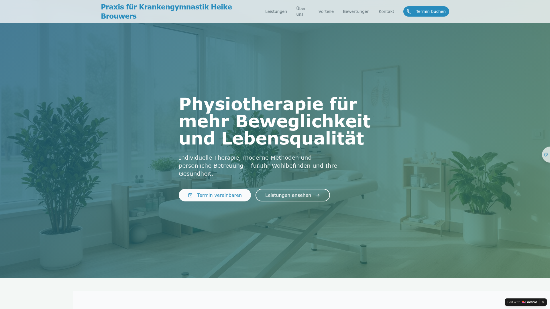 Vorschau einer modernen Physiotherapie Webseite mit Leistungsübersicht und Terminbuchung