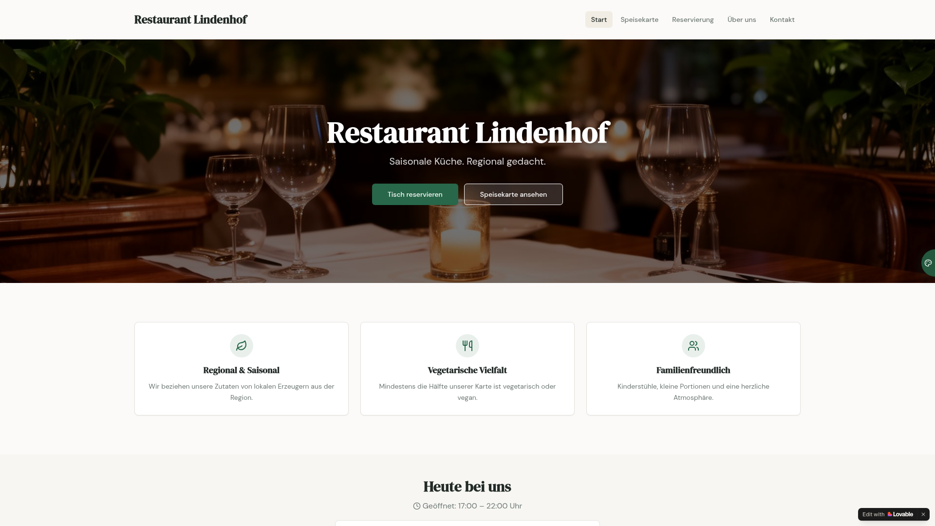 Vorschau einer eleganten Restaurant Webseite mit Speisekarte, Öffnungszeiten und Reservierung